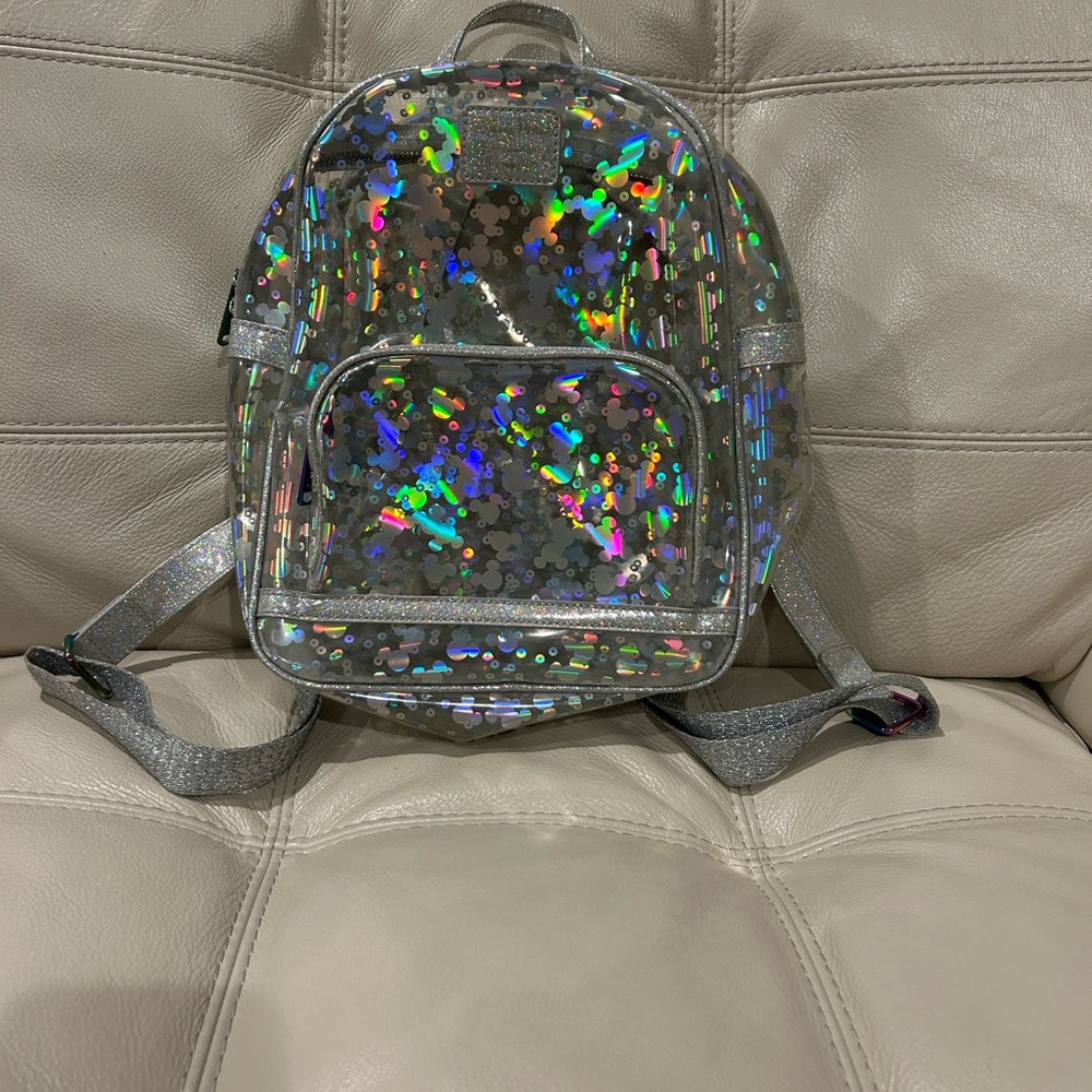 Disney Parks Loungefly Magic Mirrors Silver Holographic Kids Backpack. NWOT - Picture 6 of 7